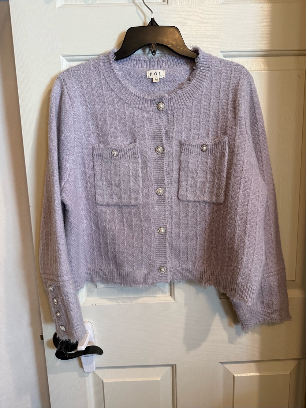 POL Lavender Ribbed Pearl-Button Cardigan